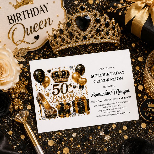 Invitación de cumpleaños 50 dorada y negra de lujo (Gold And Black Luxury Sparkle 50th Birthday Invitation

)