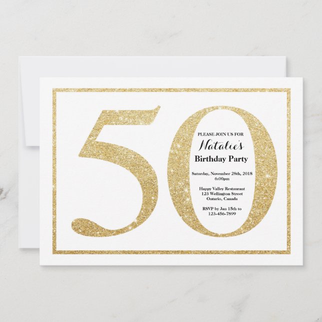 Invitación de cumpleaños 50 dorado con brillo (Anverso)
