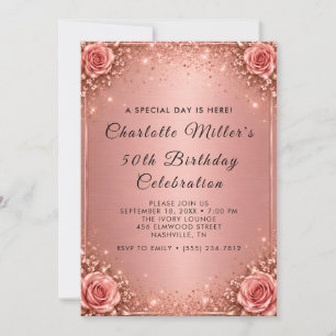 Invitación de cumpleaños 50 Dusty Rose Glitter