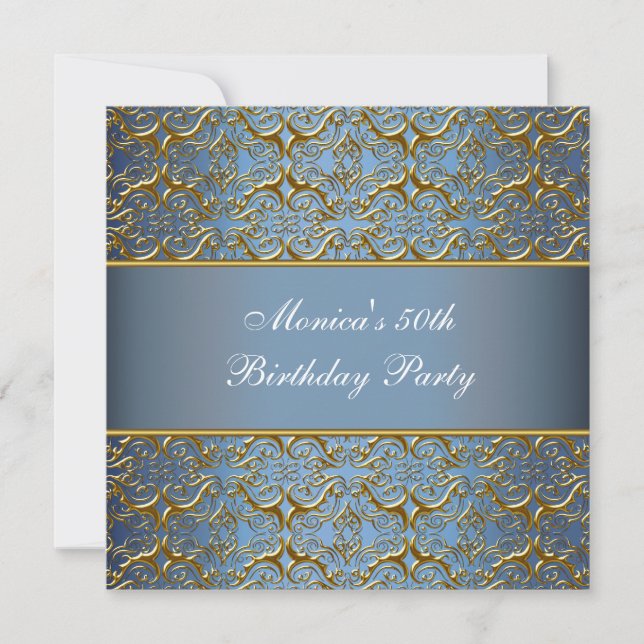 Invitación de cumpleaños 50 elegante Blue Gold (Anverso)
