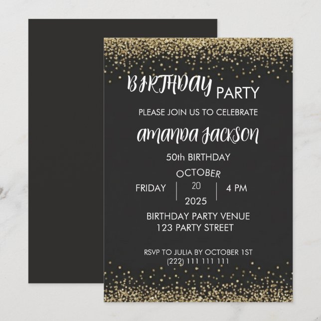 Invitación de cumpleaños 50 Faux Glitter Dorado Ne (Anverso / Reverso)