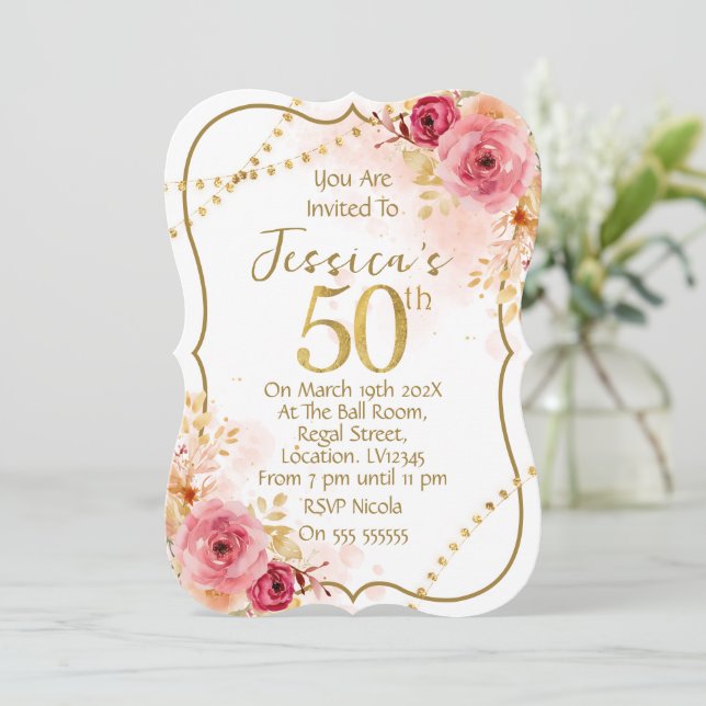 Invitación de cumpleaños 50 floral (Anverso de pie)