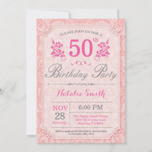 Invitación de Cumpleaños 50 Floral Rosa para Mujer