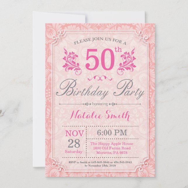 Invitación de Cumpleaños 50 Floral Rosa para Mujer (Anverso)