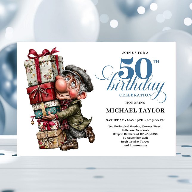 Invitación de Cumpleaños 50 Hombre Comedia Evento  (Fun Bold Man 50th Birthday Comedy Event Invite)