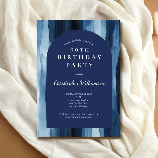 Invitación de cumpleaños 50 hombre estilo arco mod (Blue Abstract Modern Watercolor 50th Birthday invitation for him. Printed or Digital)