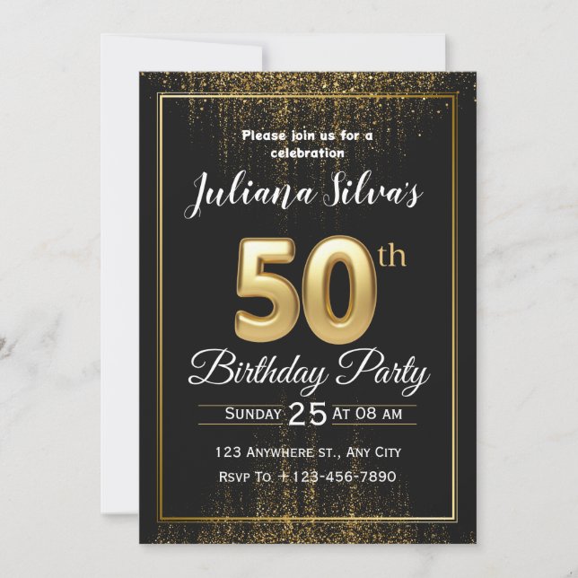 Invitación de cumpleaños 50 Luxury Black Gold (Anverso)