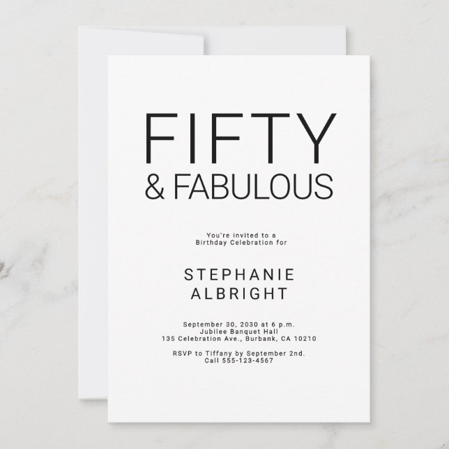 Invitación de cumpleaños 50 Minimal Fifty y Fabulo (Anverso)