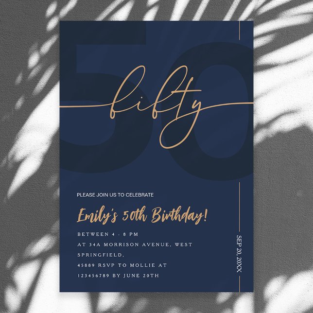 Invitación de cumpleaños 50 moderno azul marino y  (Subido por el creador)