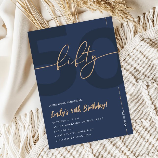 Invitación de cumpleaños 50 moderno azul marino y  (Subido por el creador)