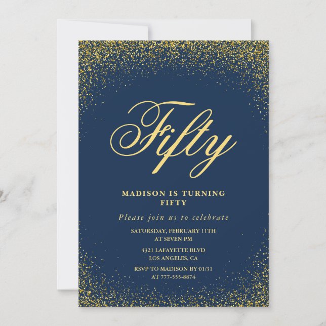 invitación de cumpleaños 50 moderno dorado brillo  (Anverso)