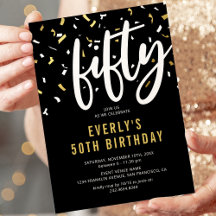 Invitación de cumpleaños 50 negro con confeti de o
