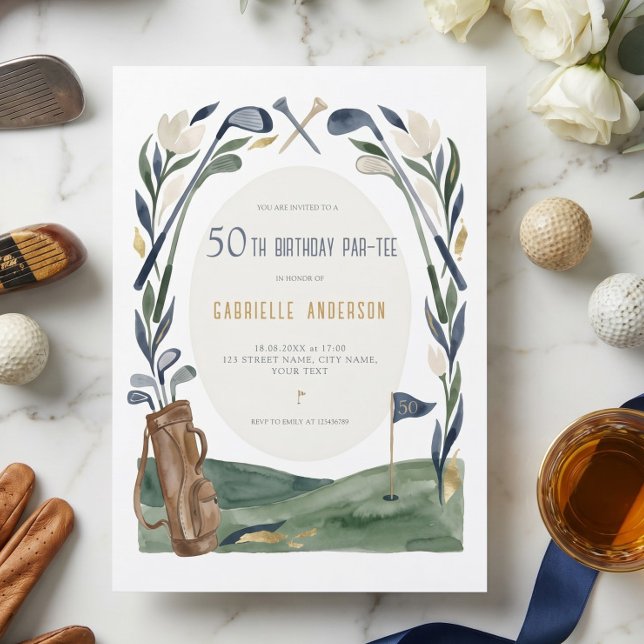 Invitación de cumpleaños 50 Par-Tee acuarela golf  (Subido por el creador)
