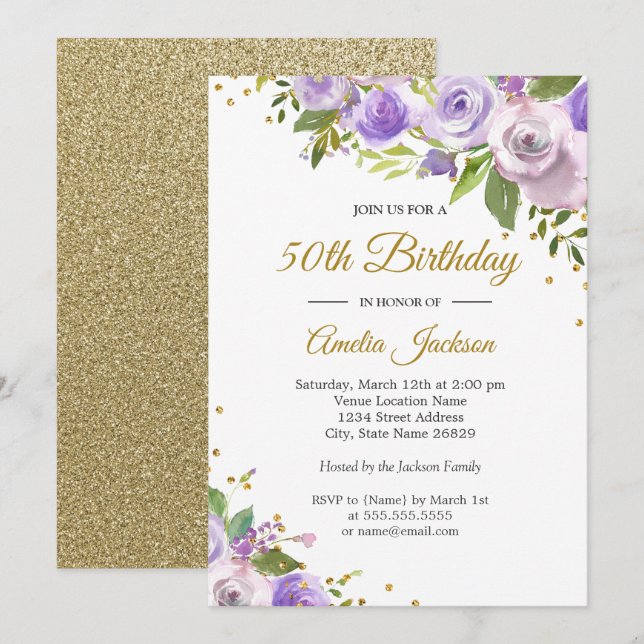 Invitación de cumpleaños 50 Purple Gold Sparkle Fl (Anverso / Reverso)