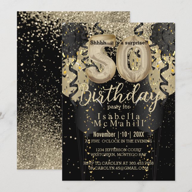 Invitación de cumpleaños 50 Purpurinas de oro y ne (Anverso / Reverso)