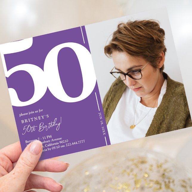 Invitación de cumpleaños 50 sofisticada foto púrpu (Subido por el creador)