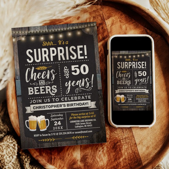 Invitación de cumpleaños 50 sorpresa Cheers and Be (Surprise Cheers and Beers 50th Birthday Invitation)