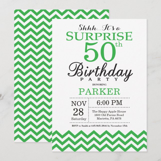 Invitación de cumpleaños 50 sorpresa Chevron verde (Anverso / Reverso)