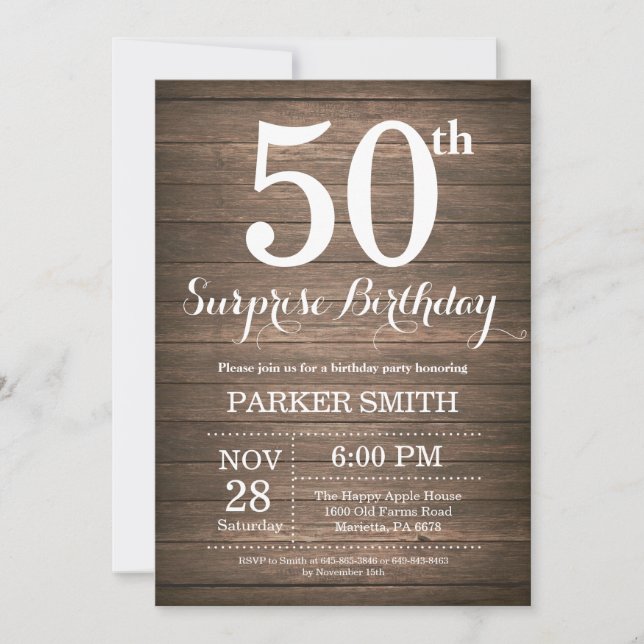 Invitación de cumpleaños 50 sorpresa rústica (Anverso)