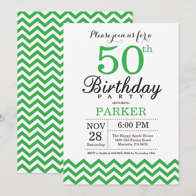Invitación de cumpleaños 50 verde Chevron (Anverso / Reverso)