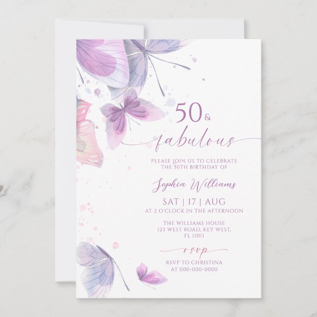 Invitación de cumpleaños 50 y fabuloso Mariposa Mo (Anverso)