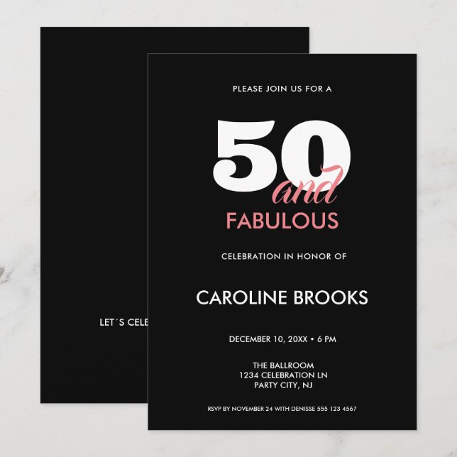 Invitación de cumpleaños 50 y fabuloso negro 50 (Anverso / Reverso)