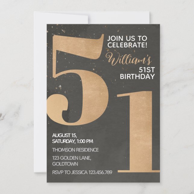 Invitación de cumpleaños 51 de Gold Black (Anverso)