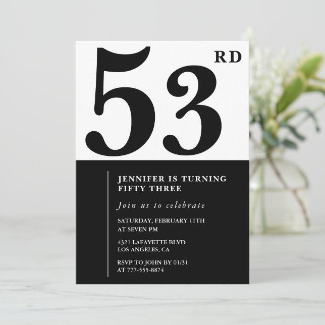 Invitación de cumpleaños 53 elegante mujer Negro (Anverso de pie)