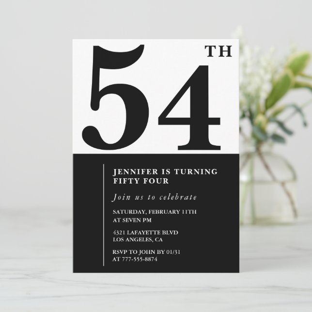 Invitación de cumpleaños 54 elegante mujer Negro (Anverso de pie)