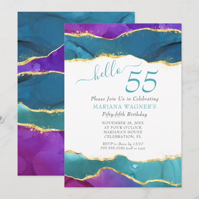 Invitación de cumpleaños 55 Abstracta con Tinta Fu (Anverso / Reverso)