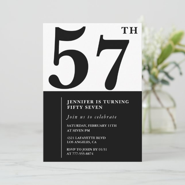 Invitación de cumpleaños 57 elegante mujer Negro (Anverso de pie)