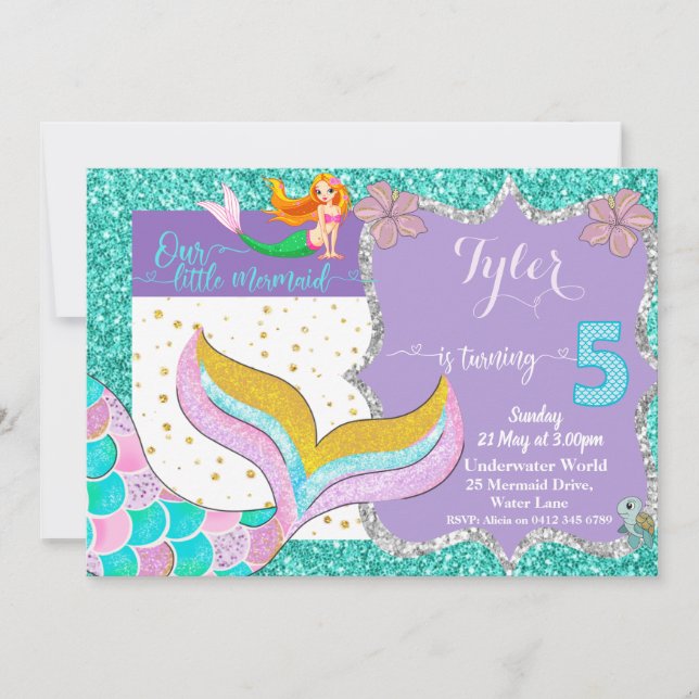 Invitación de cumpleaños 5 a la sirena bajo el mar (Anverso)