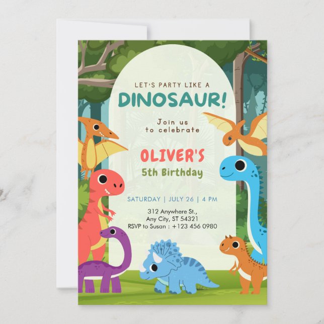 Invitación de cumpleaños 5 del T-rex del dinosauri (Anverso)