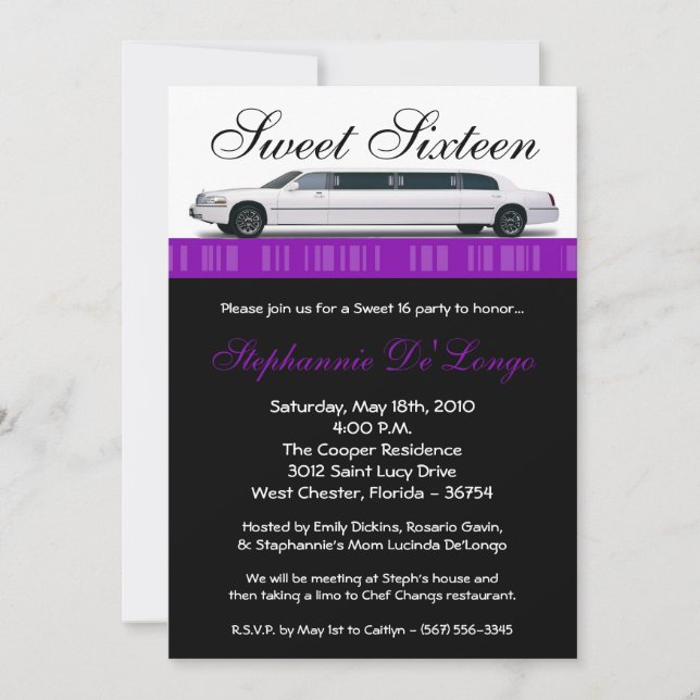 Invitación de cumpleaños 5 x 7 púrpura Limo Sweet  (Anverso)