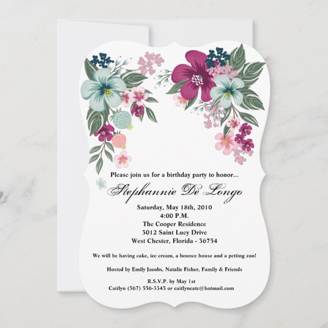 Invitación de cumpleaños 5x7 Flor Tropical en Blan (Anverso)