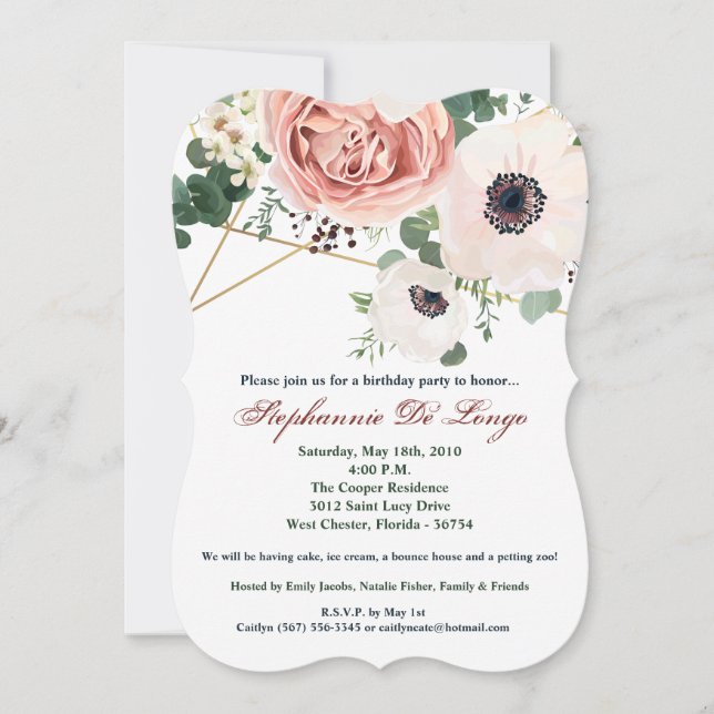 Invitación de cumpleaños 5x7 Rosa de jardín geomét (Anverso)