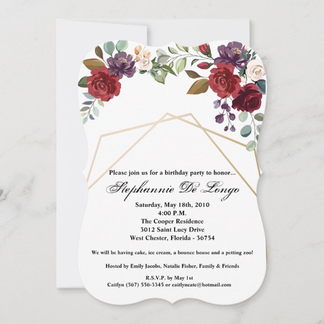 Invitación de cumpleaños 5x7 Rosas blancas Geométr (Anverso)