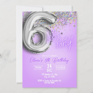 Invitación de cumpleaños 6º con Purpurina Morada