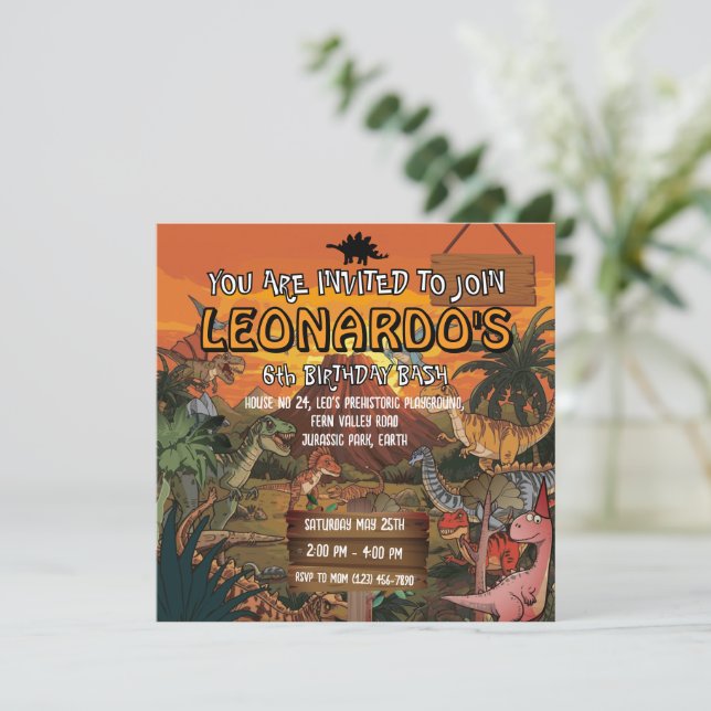 Invitación de cumpleaños 6º Cumpleaños de Dinosaur (Anverso de pie)