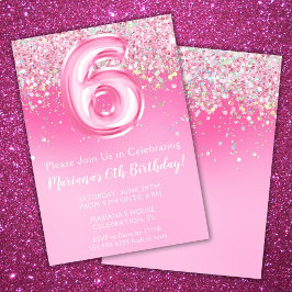 Invitación de cumpleaños 6º rosa niña purpurina
