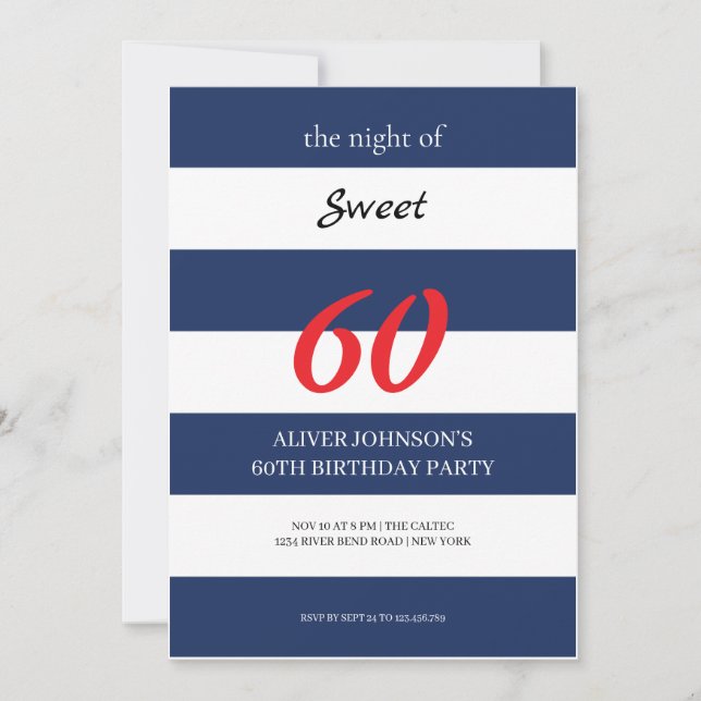 Invitación de cumpleaños 60º dulce azul y blanco d (Anverso)