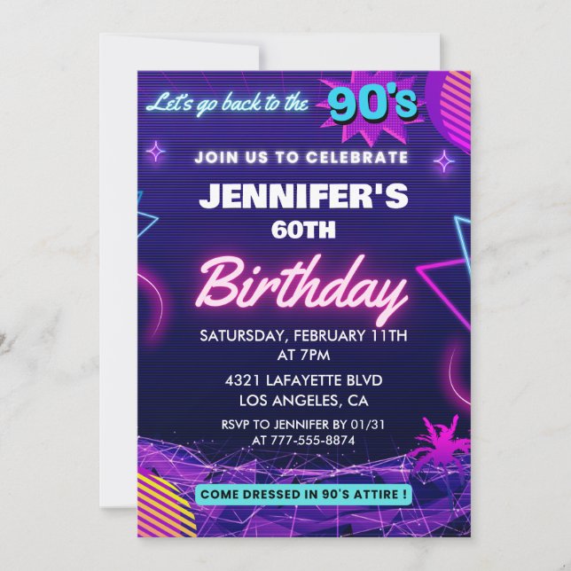 invitación de cumpleaños 60 90s temática Retro (Anverso)