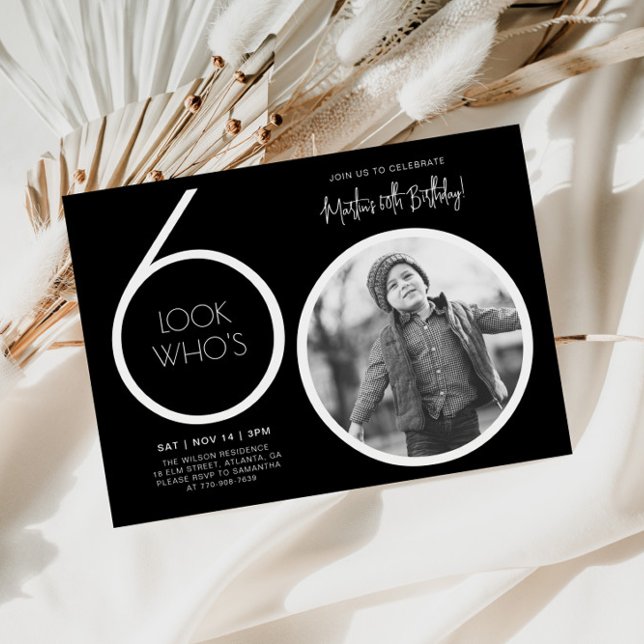 Invitación de cumpleaños 60 a Black Modern Photo (Subido por el creador)