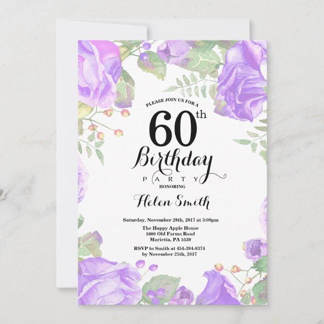 Invitación de cumpleaños 60 a la Floral Púrpura Bo (Anverso)