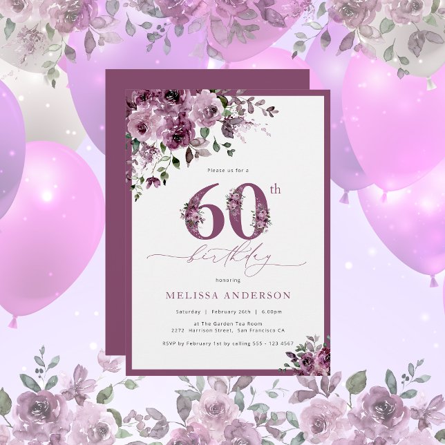 Invitación de cumpleaños 60 a la floral púrpura mo (Subido por el creador)