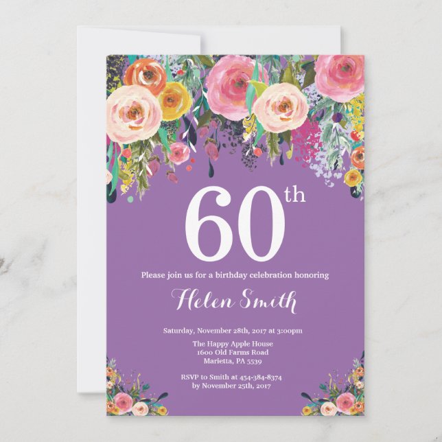 Invitación de cumpleaños 60 a Purple Floral (Anverso)