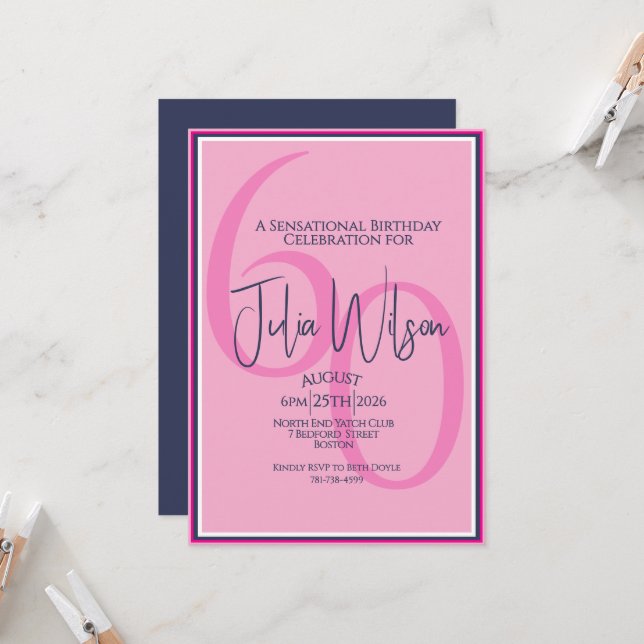 Invitación de cumpleaños 60 al estilo Coastal Pink (Anverso/Reverso In Situ)