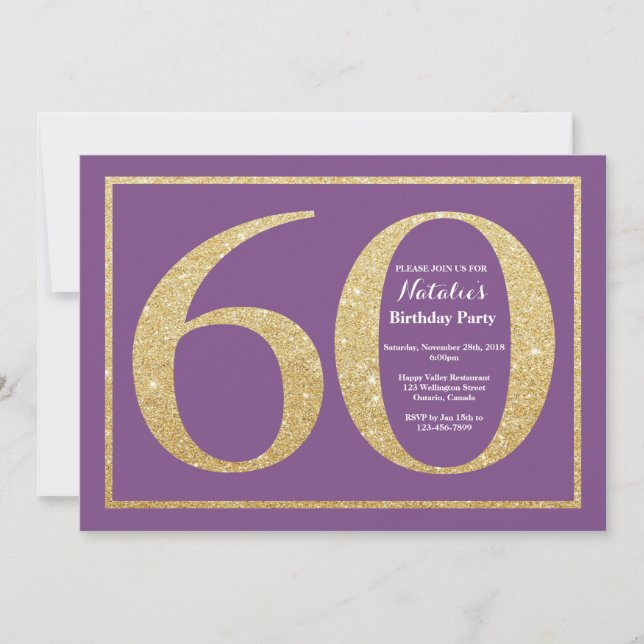 Invitación de cumpleaños 60 años con brillo púrpur (Anverso)