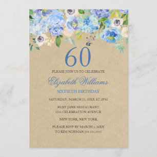 Invitación de cumpleaños 60 azul con acuarela flor