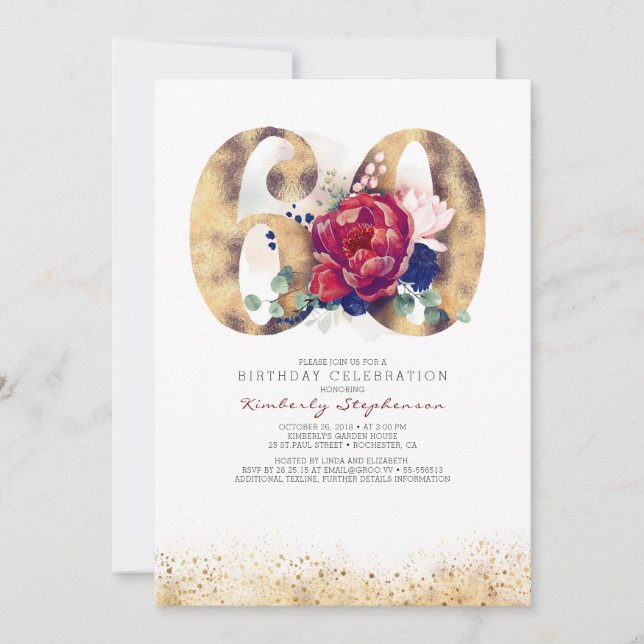 Invitación de cumpleaños 60 - Azul marino y Borgoñ (Anverso)